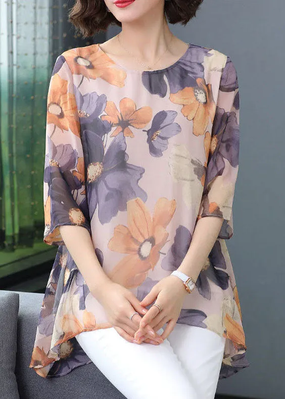 Boutique Purple O Neck Print Patchwork Chiffon T Shirt Top Summer TP1035