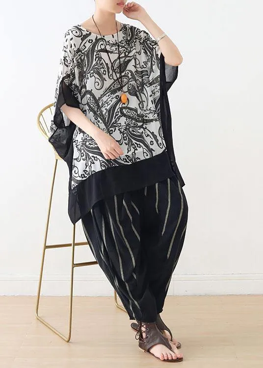 Boutique White Print Batwing Sleeve Chiffon Summer Shirt Tops