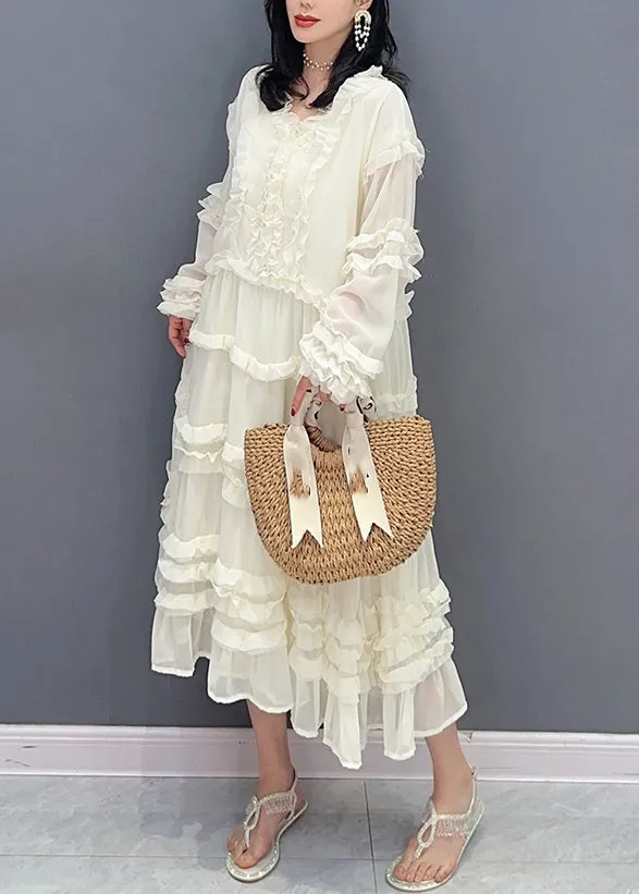 Brief White V Neck Ruffled Solid Chiffon Long Dress Spring LC0320