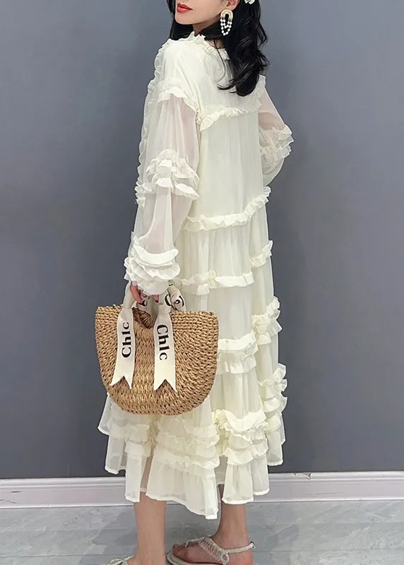 Brief White V Neck Ruffled Solid Chiffon Long Dress Spring LC0320