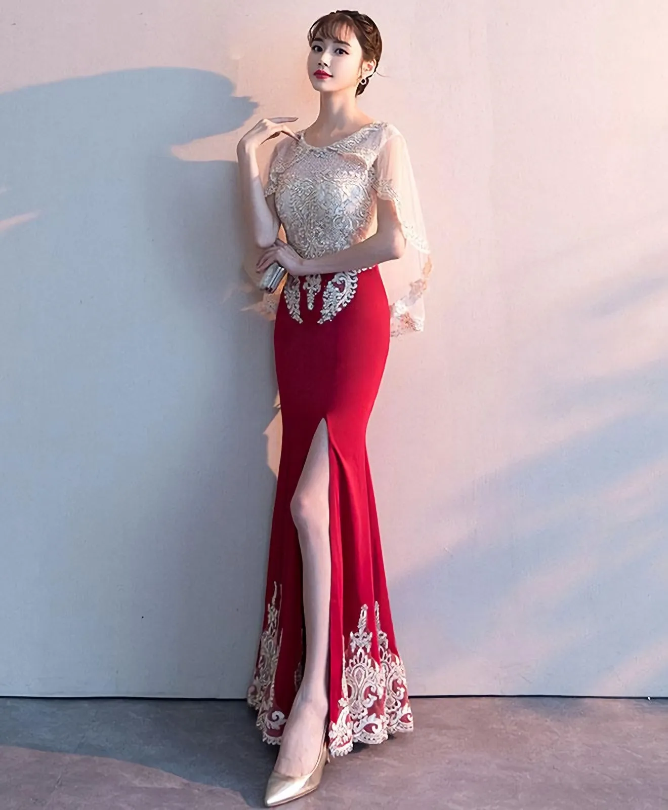 Burgundy Lace Mermaid Long Prom Dress Lace Formal Dress