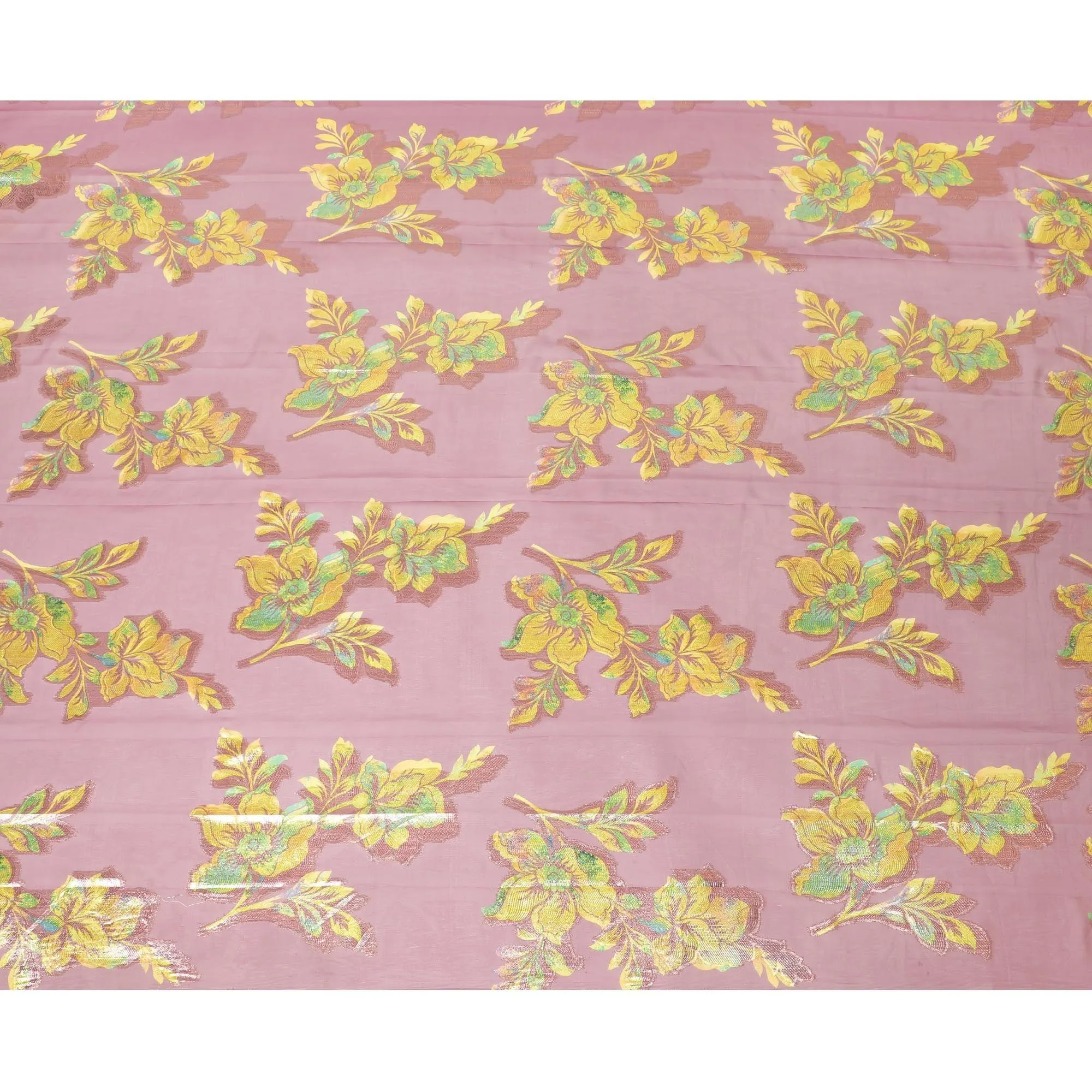 Cannon pink synthetic printed chiffon fabric with multicolor metallic lurex in floral design-D9742