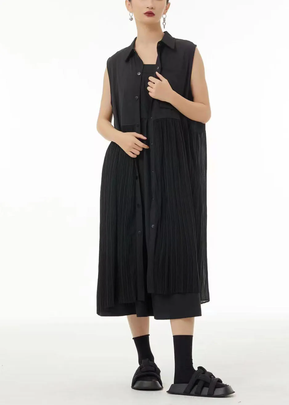 Casual Black Peter Pan Collar Patchwork Chiffon Pleated Dress Sleeveless LC0123