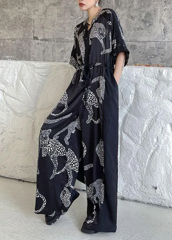 Casual Black Summer Patchwork Wide Leg Print Chiffon jumpsuit pants