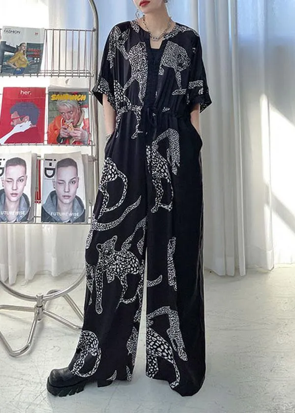 Casual Black Summer Patchwork Wide Leg Print Chiffon jumpsuit pants