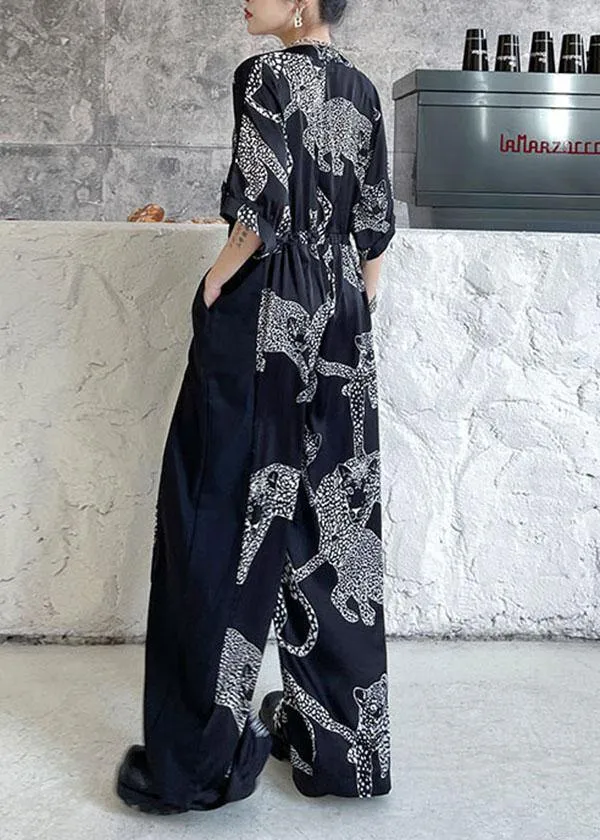 Casual Black Summer Patchwork Wide Leg Print Chiffon jumpsuit pants