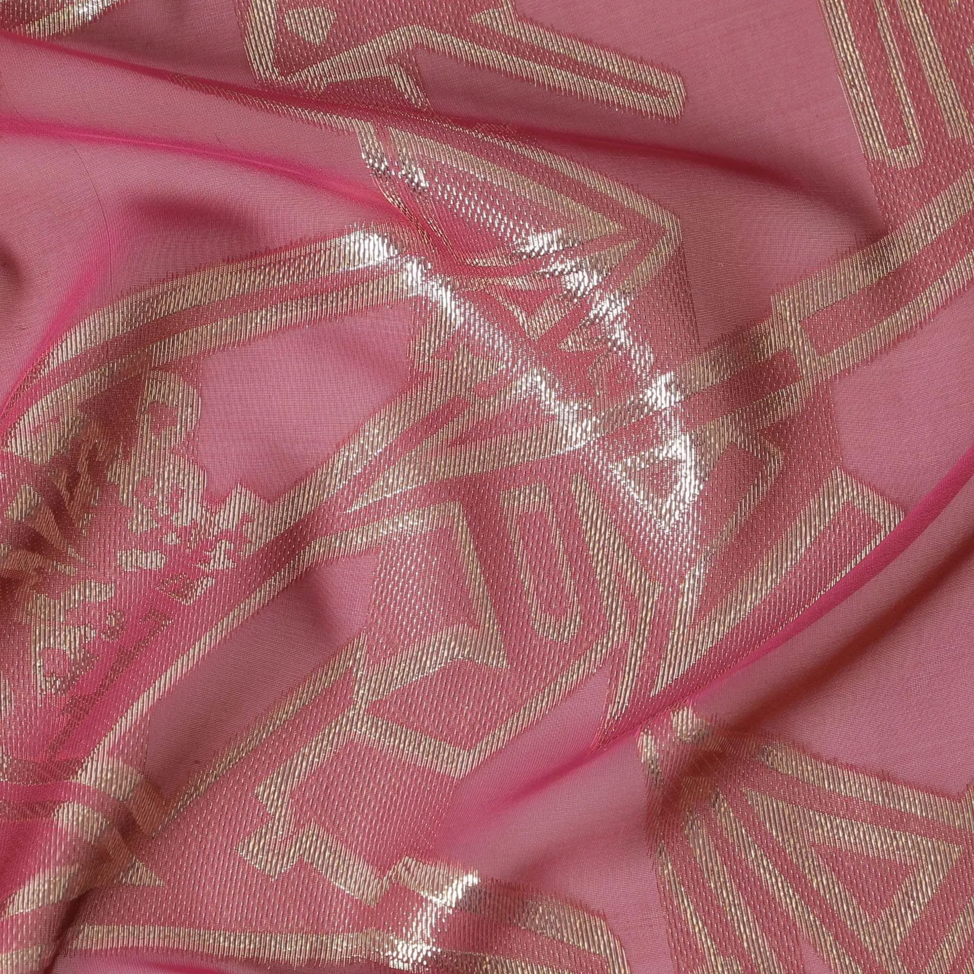 Cerise pink Premium pure silk chiffon fabric with gold metallic lurex in abstract design-D13843