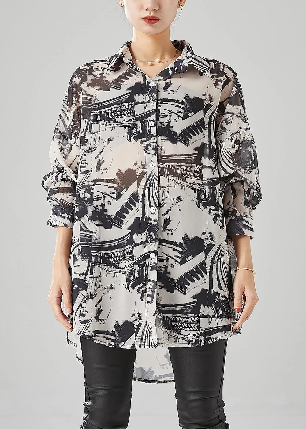 Chic Black Oversized Inkwash Painting Chiffon Blouse Tops Summer LY6681