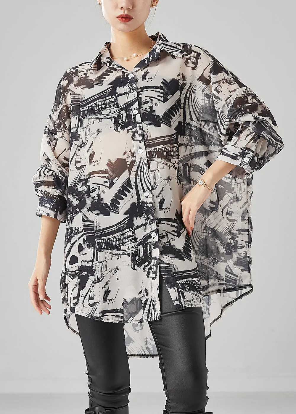 Chic Black Oversized Inkwash Painting Chiffon Blouse Tops Summer LY6681