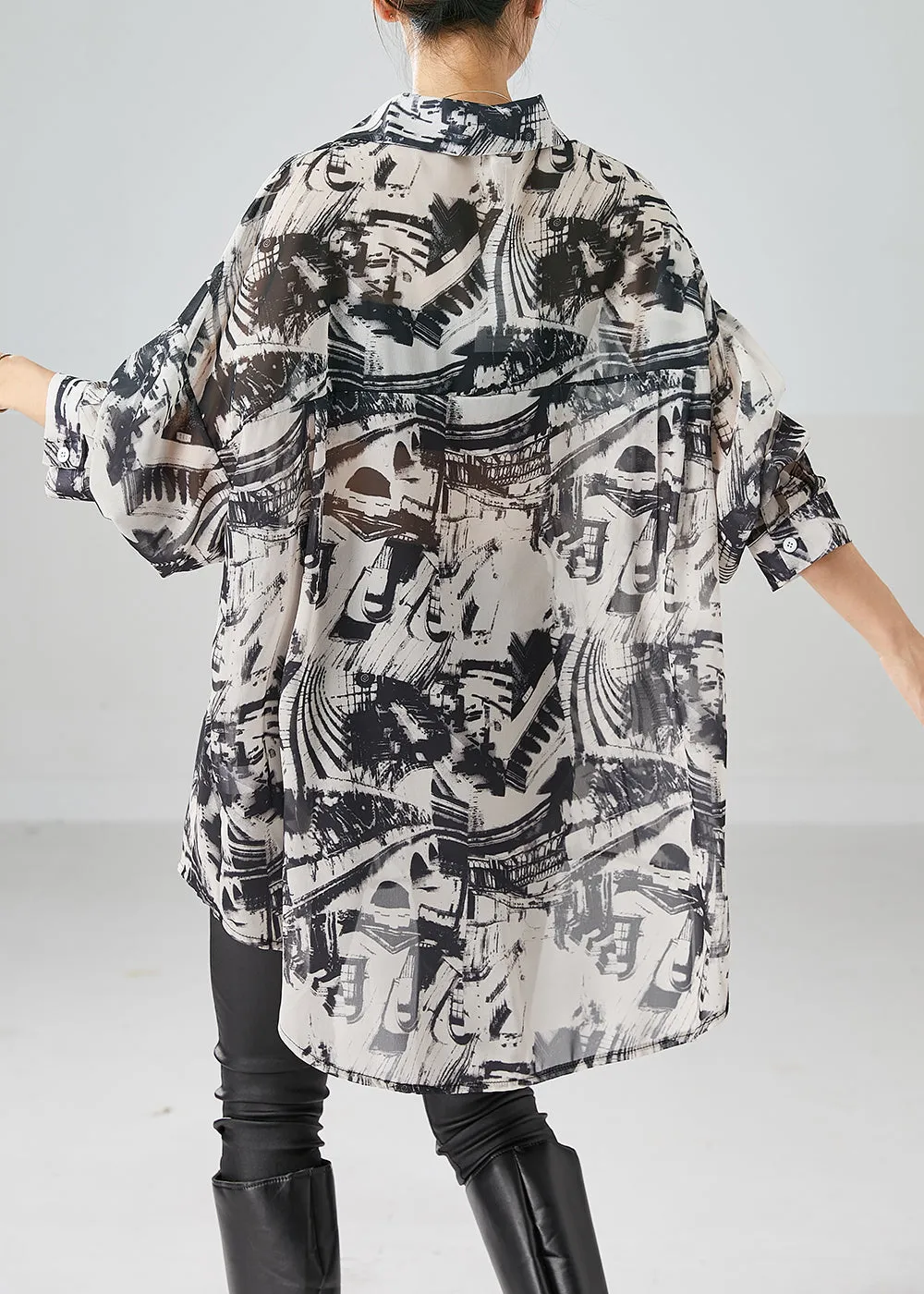 Chic Black Oversized Inkwash Painting Chiffon Blouse Tops Summer LY6681