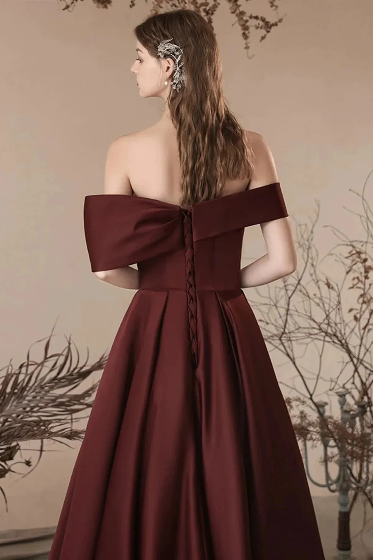 Chic Burgundy Satin Off Shoulder Party Dress, Satin Simple Prom Dress