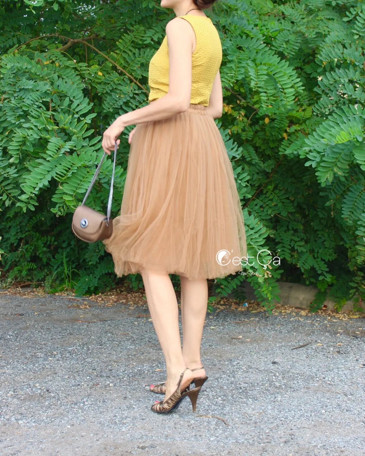 Claire Light Coffee Soft Tulle Skirt - Below Knee Midi