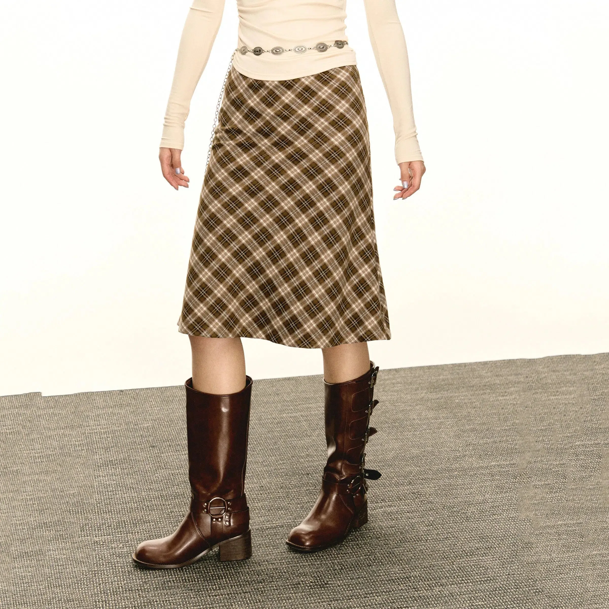 Classic Plaid A-Line Midi Skirt