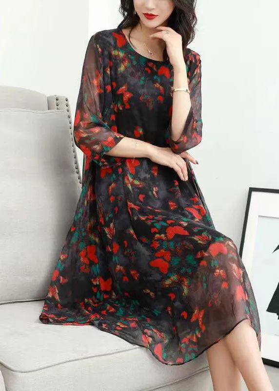 Classy Red O Neck Print Patchwork Chiffon Mid Dress Summer LY7502