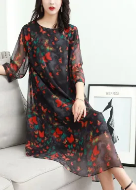 Classy Red O Neck Print Patchwork Chiffon Mid Dress Summer LY7502