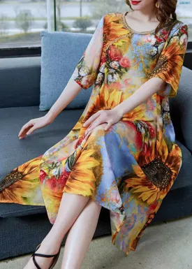 Classy Yellow The Sunflowers Print Patchwork Chiffon Dress Summer LY6824