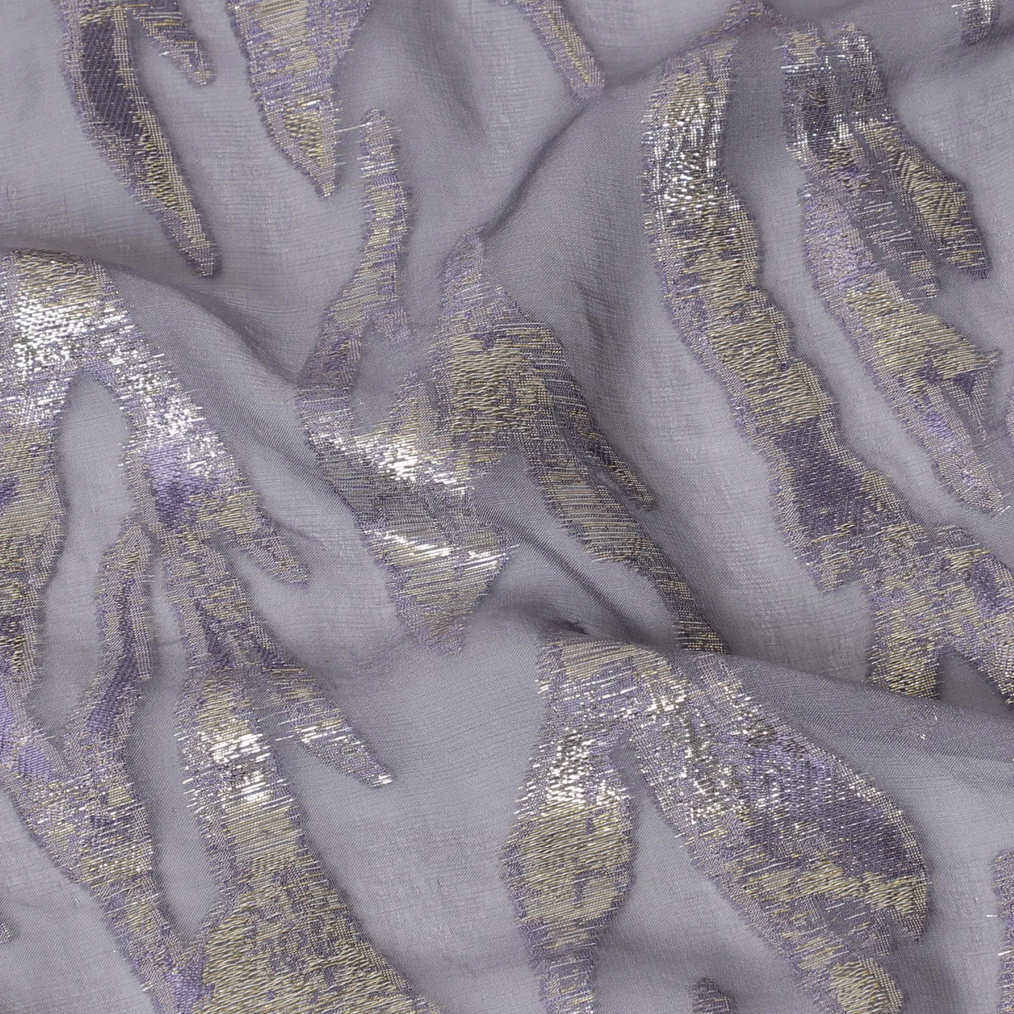 Coin grey premium pure silk chiffon fabric with lavender gold metallic lurex in abstract design-D16876