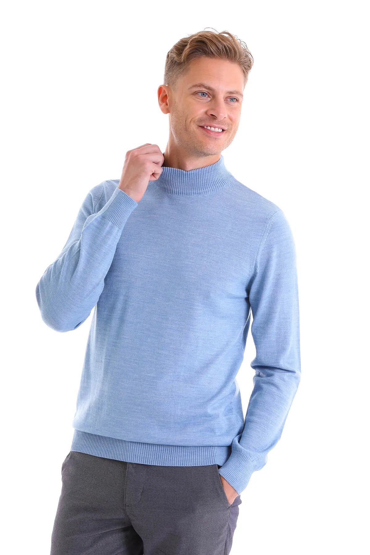 Comfort Fit Wool Blend Blue Mock Neck Sweater