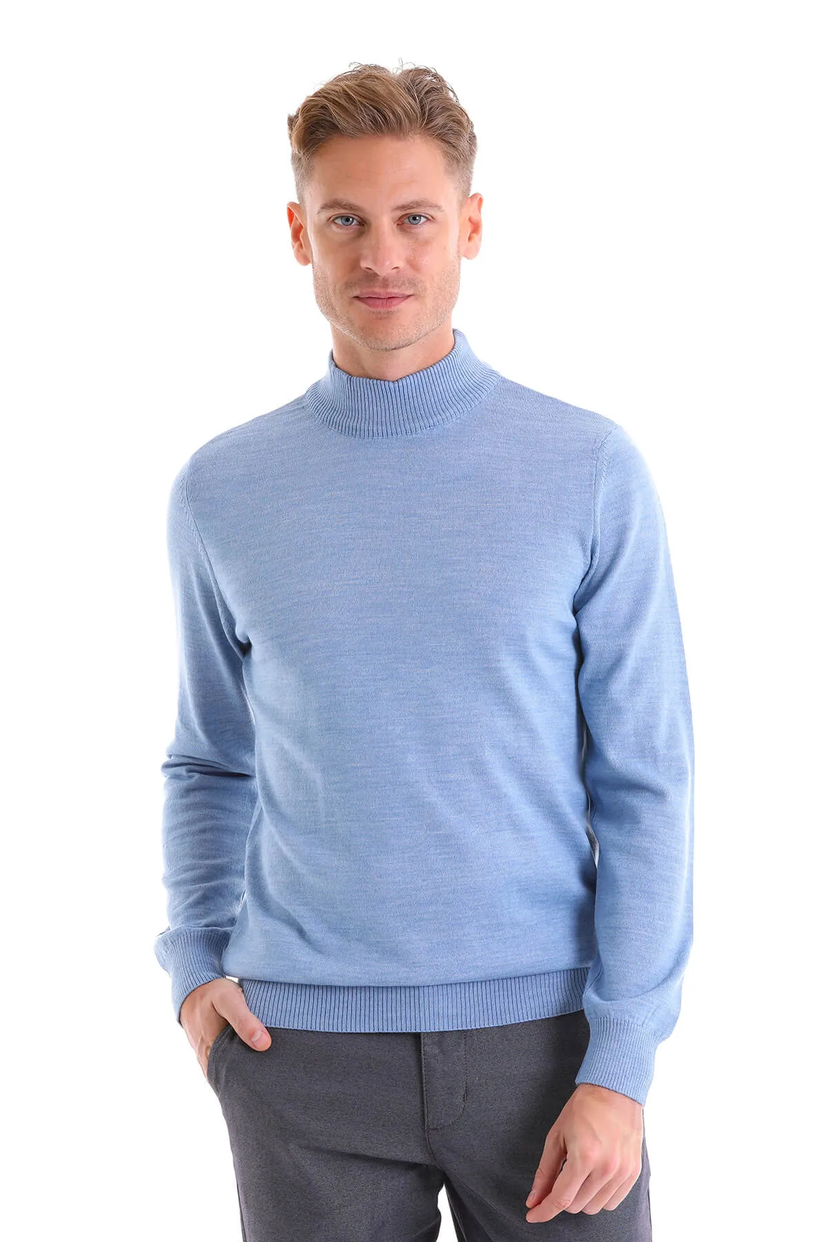 Comfort Fit Wool Blend Blue Mock Neck Sweater