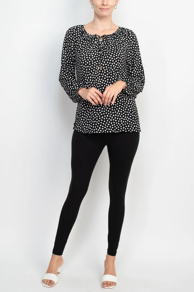 Counterparts tie neck long sleeve printed chiffon mesh top