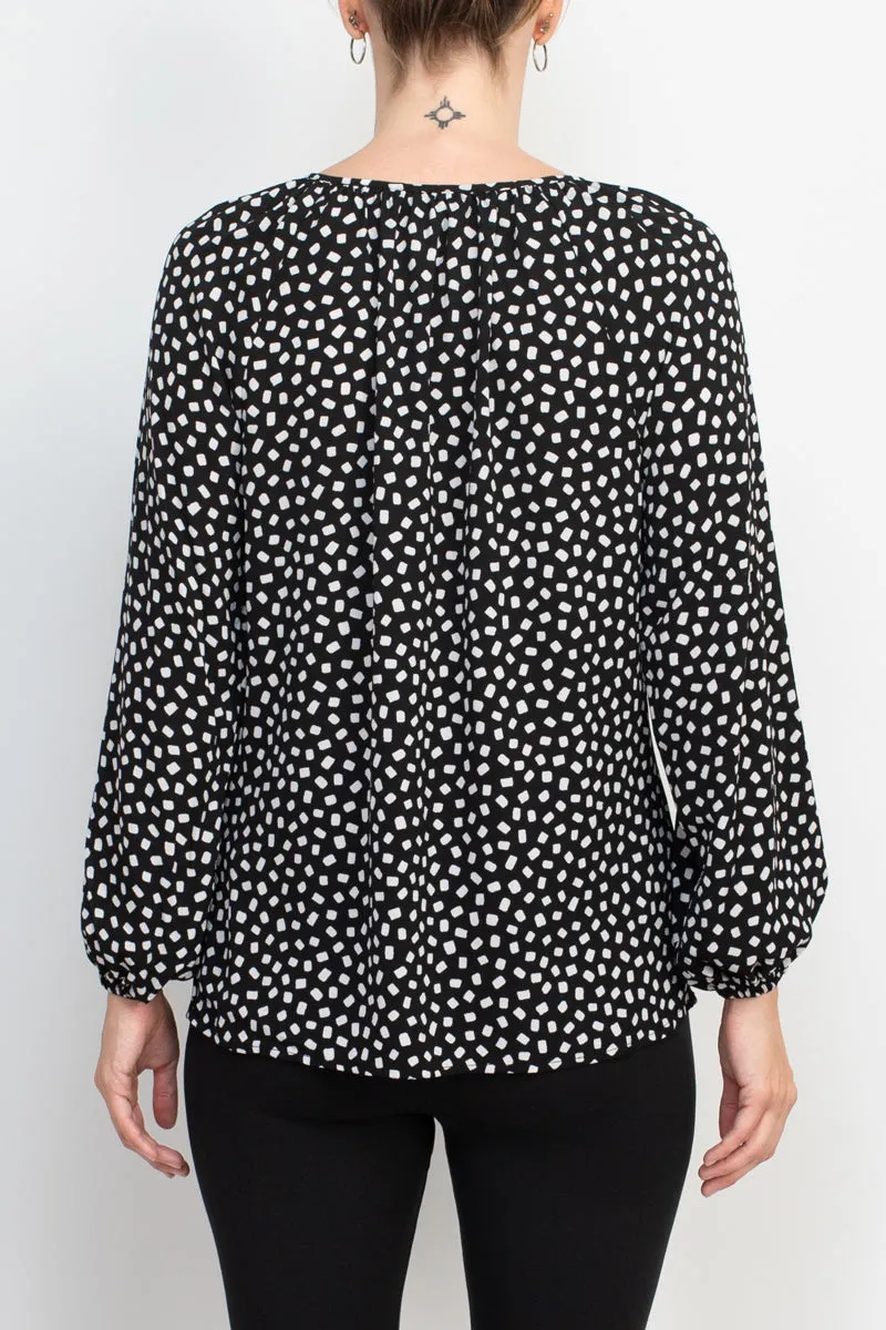 Counterparts tie neck long sleeve printed chiffon mesh top