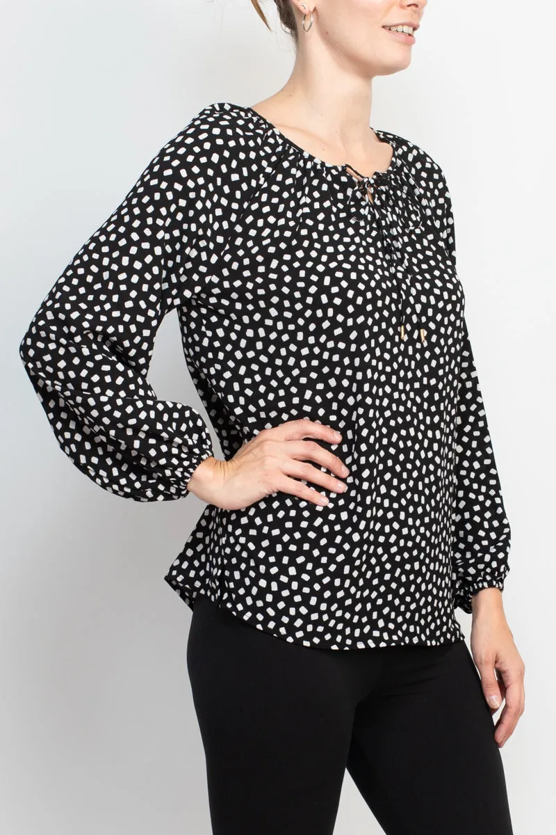 Counterparts tie neck long sleeve printed chiffon mesh top