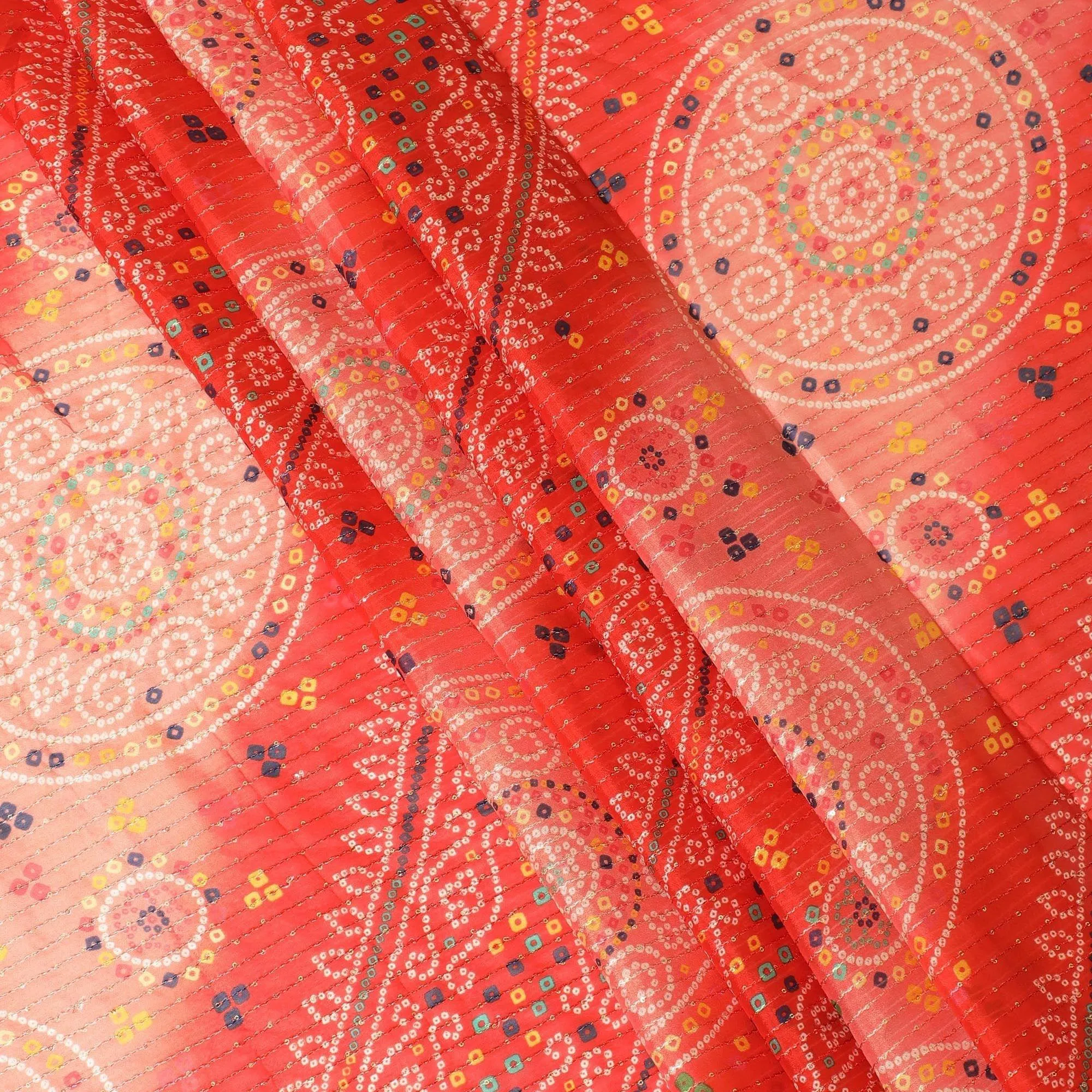 Crimson red synthetic chiffon fabric with same tone embroidery stripe having multicolor print and sequins in geometric design-D9755