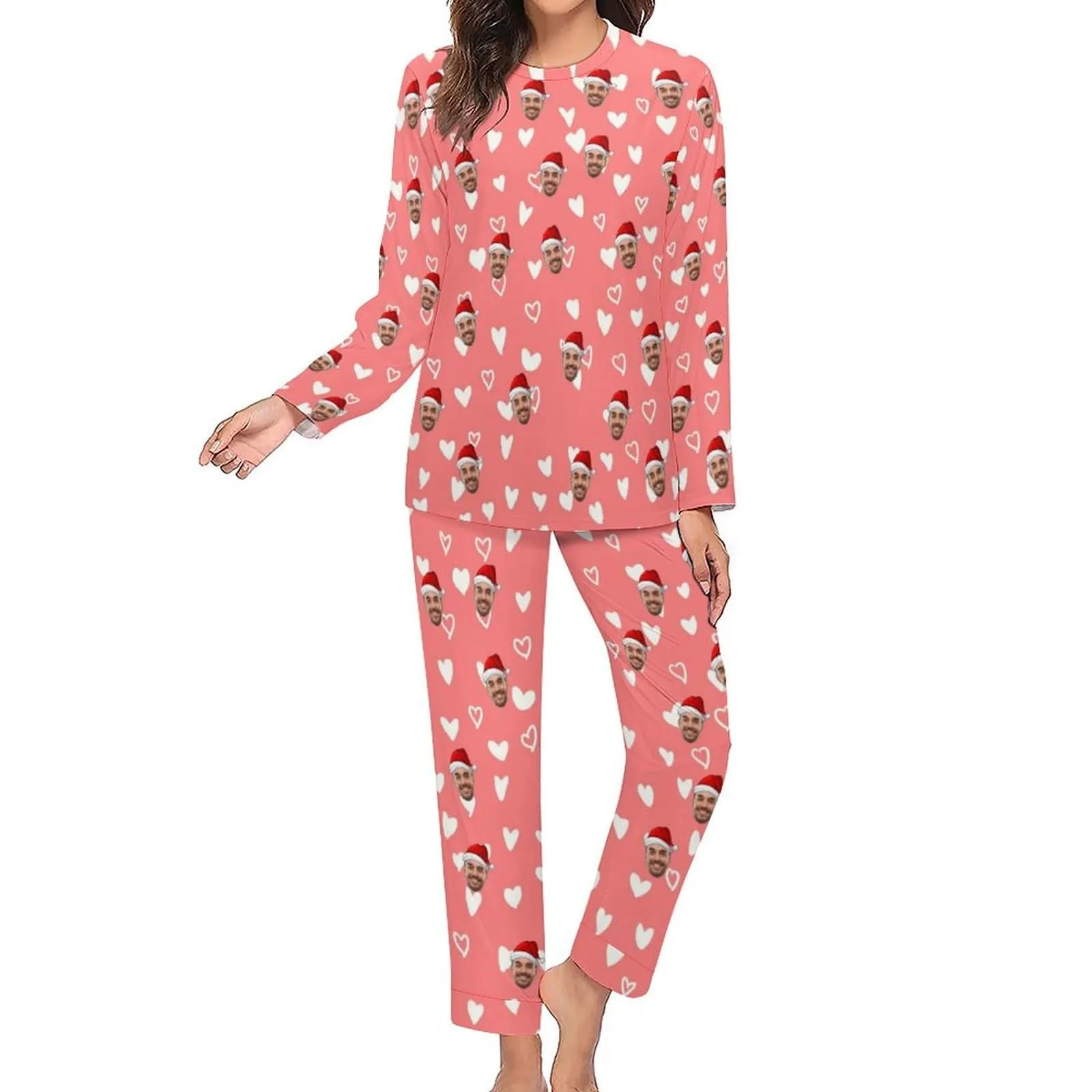 Custom Boyfriend Face Love Heart Christmas Hat Pink Background Sleepwear Personalized Women's Crewneck Long Pajamas Set