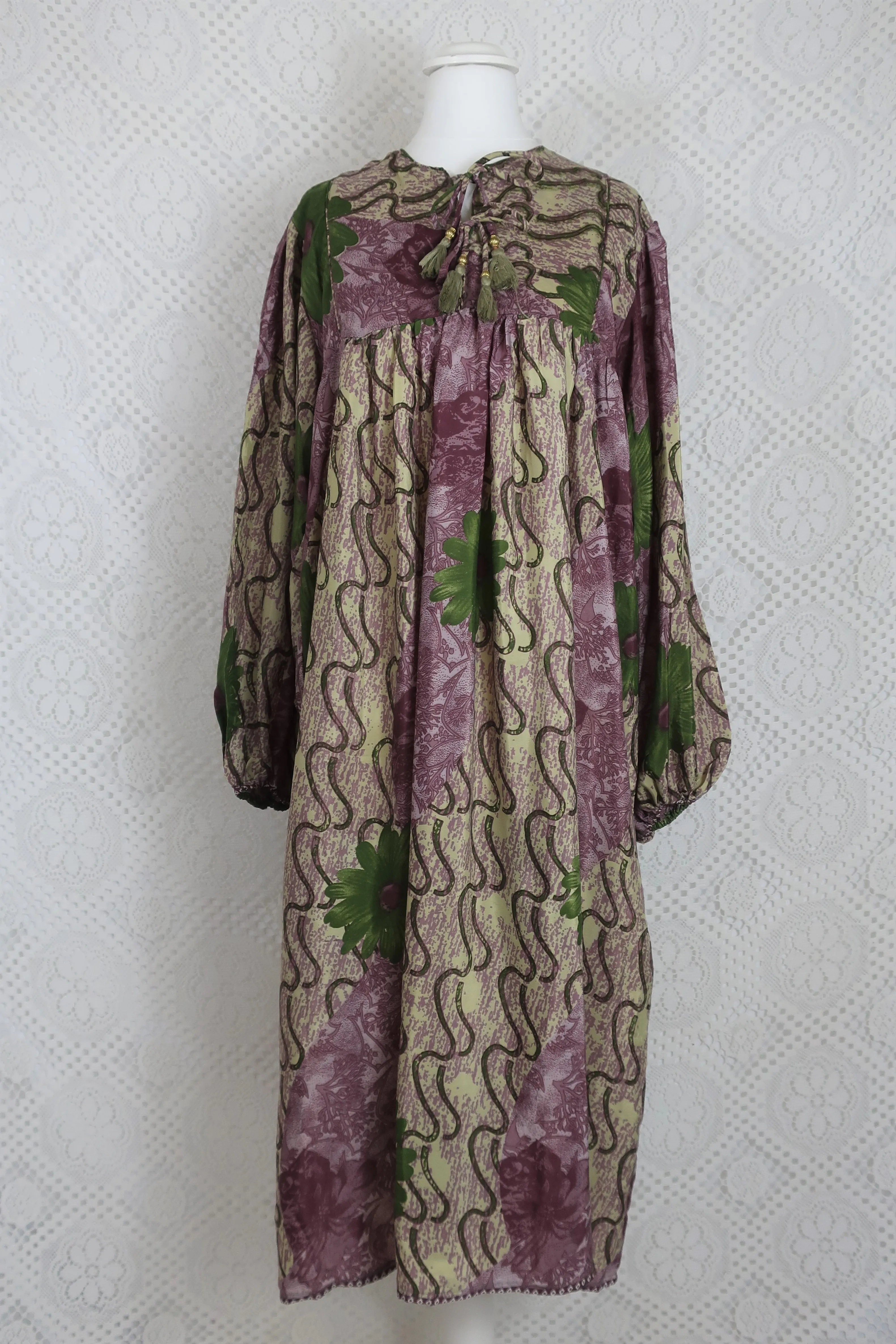 Daphne Smock Dress - Vintage Indian Sari - Cream, Mauve & Green Floral - S/M