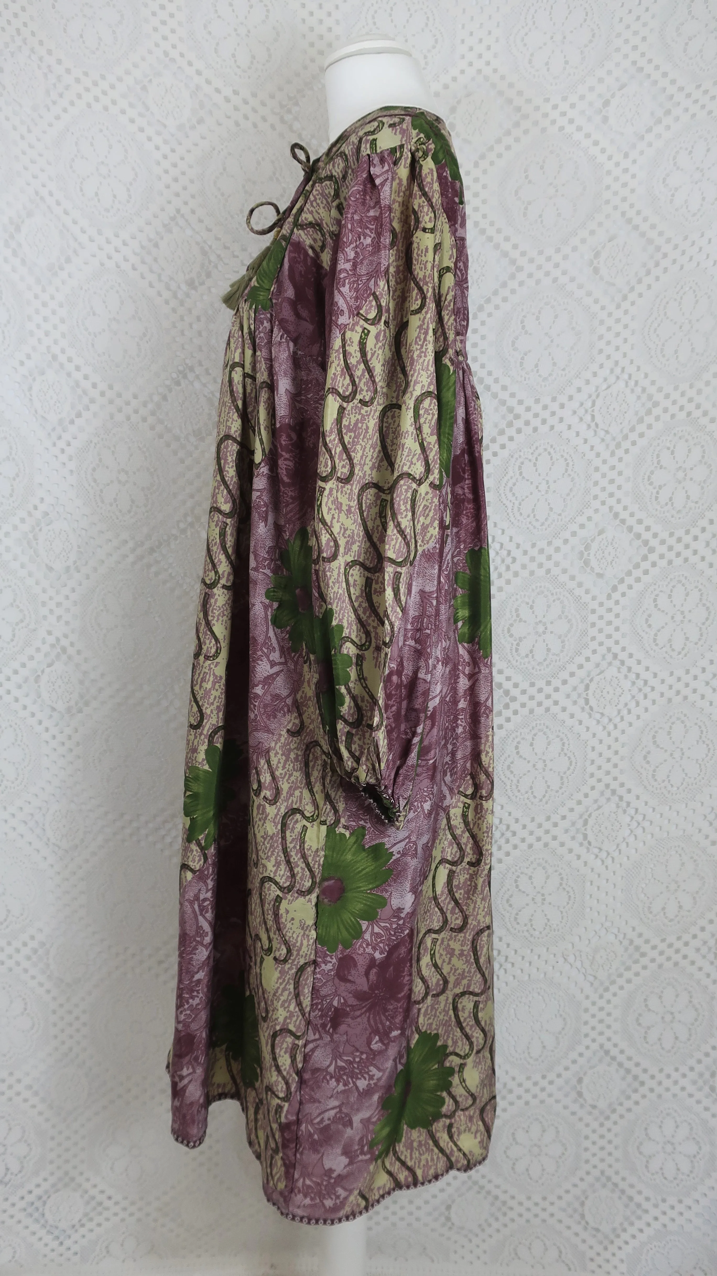 Daphne Smock Dress - Vintage Indian Sari - Cream, Mauve & Green Floral - S/M