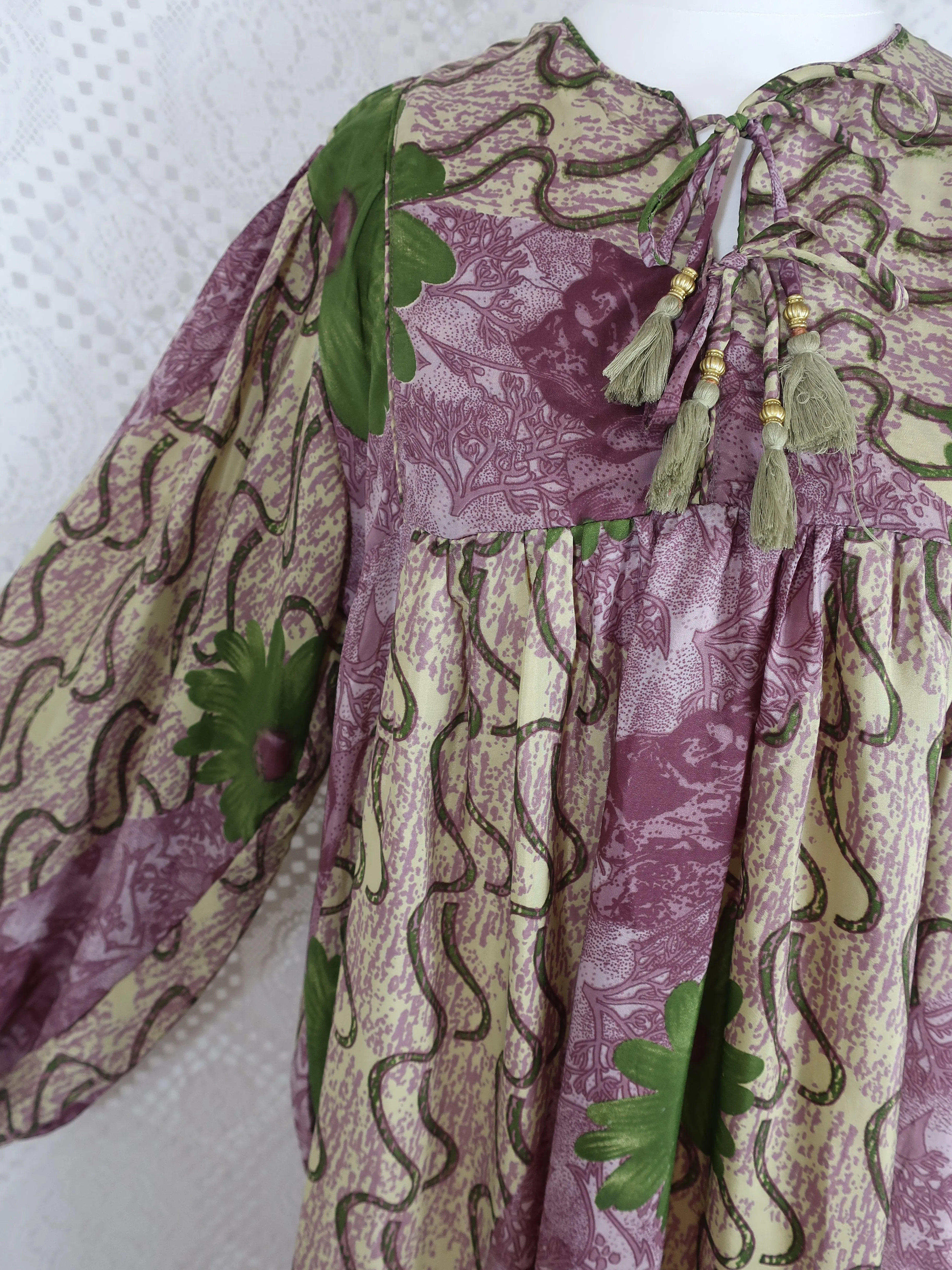 Daphne Smock Dress - Vintage Indian Sari - Cream, Mauve & Green Floral - S/M