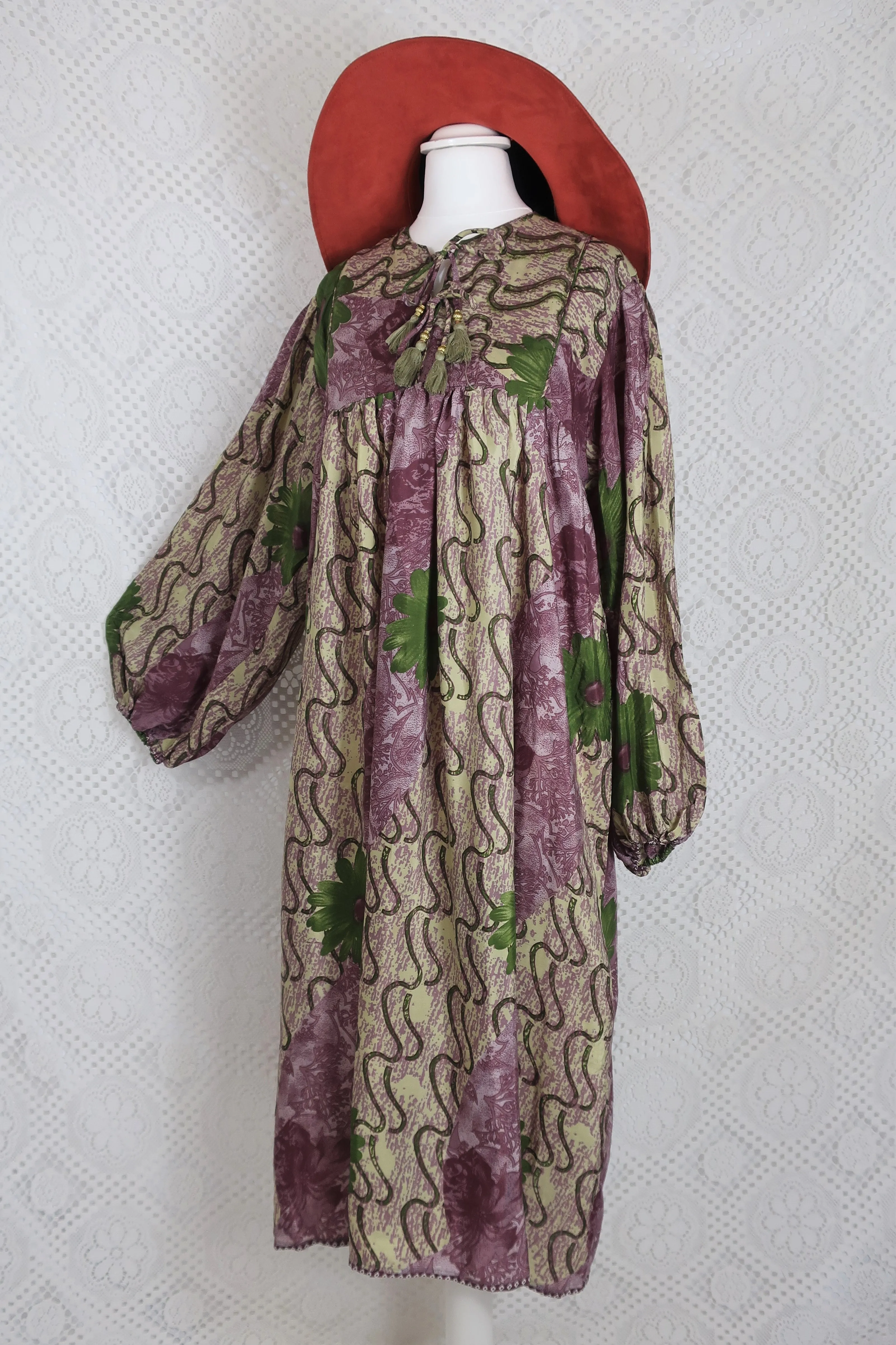 Daphne Smock Dress - Vintage Indian Sari - Cream, Mauve & Green Floral - S/M