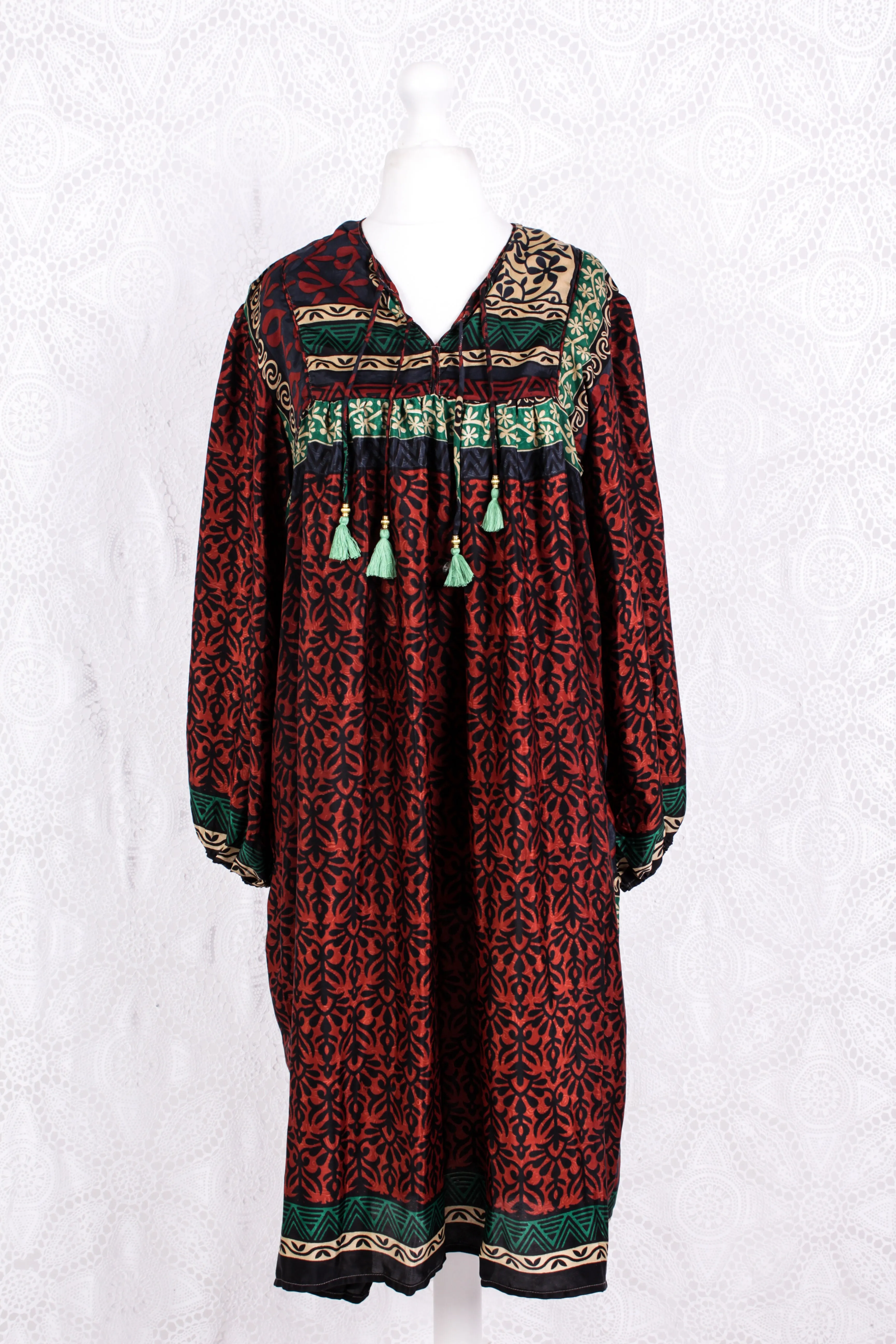 Daphne Smock Dress - Vintage Indian Sari - Russet Navy & Green Floral - M/L