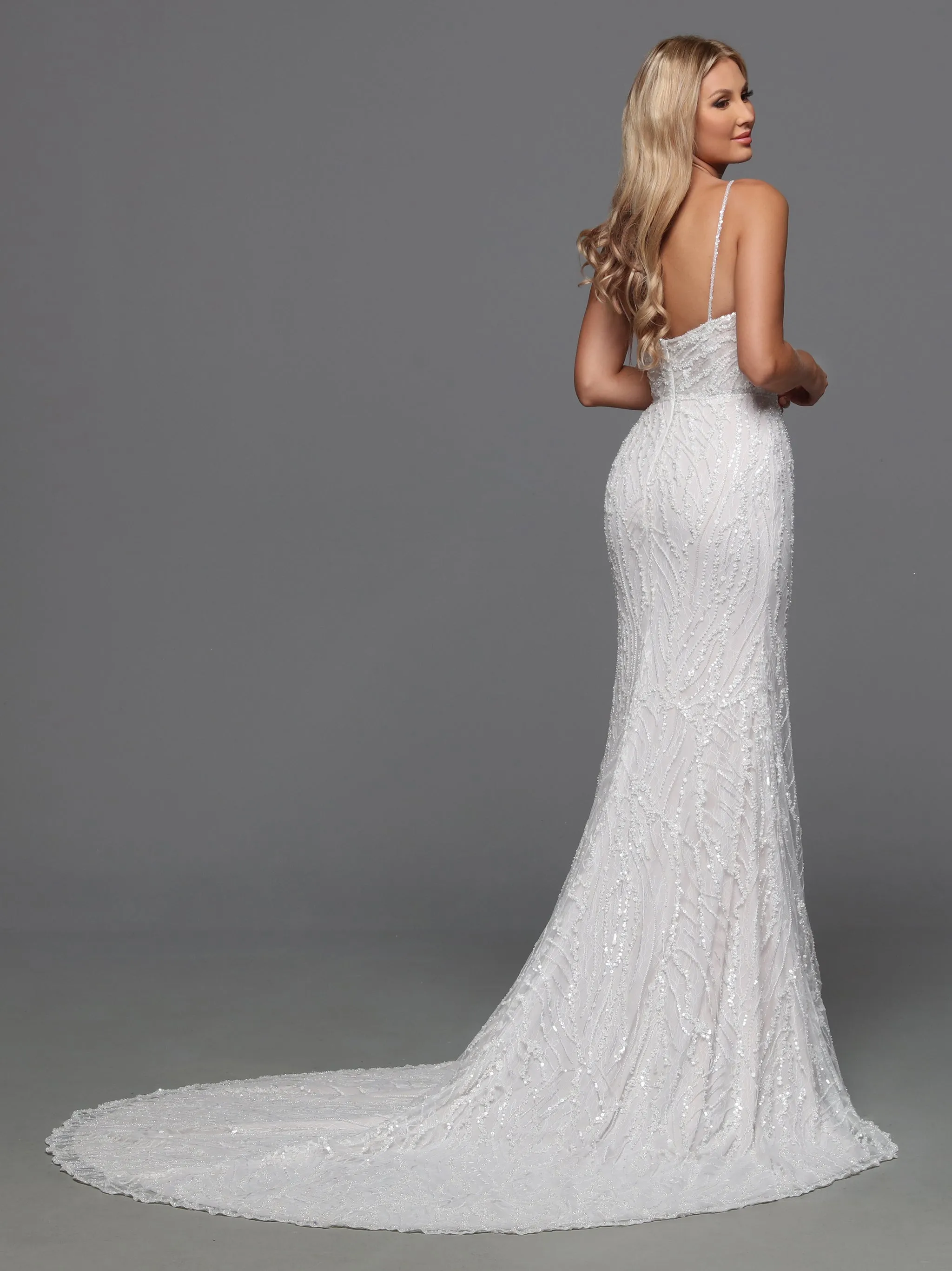 Davinci 50841 Sequin Beaded Lace Fitted Wedding Dress Train Bridal Gown v neck spaghetti straps