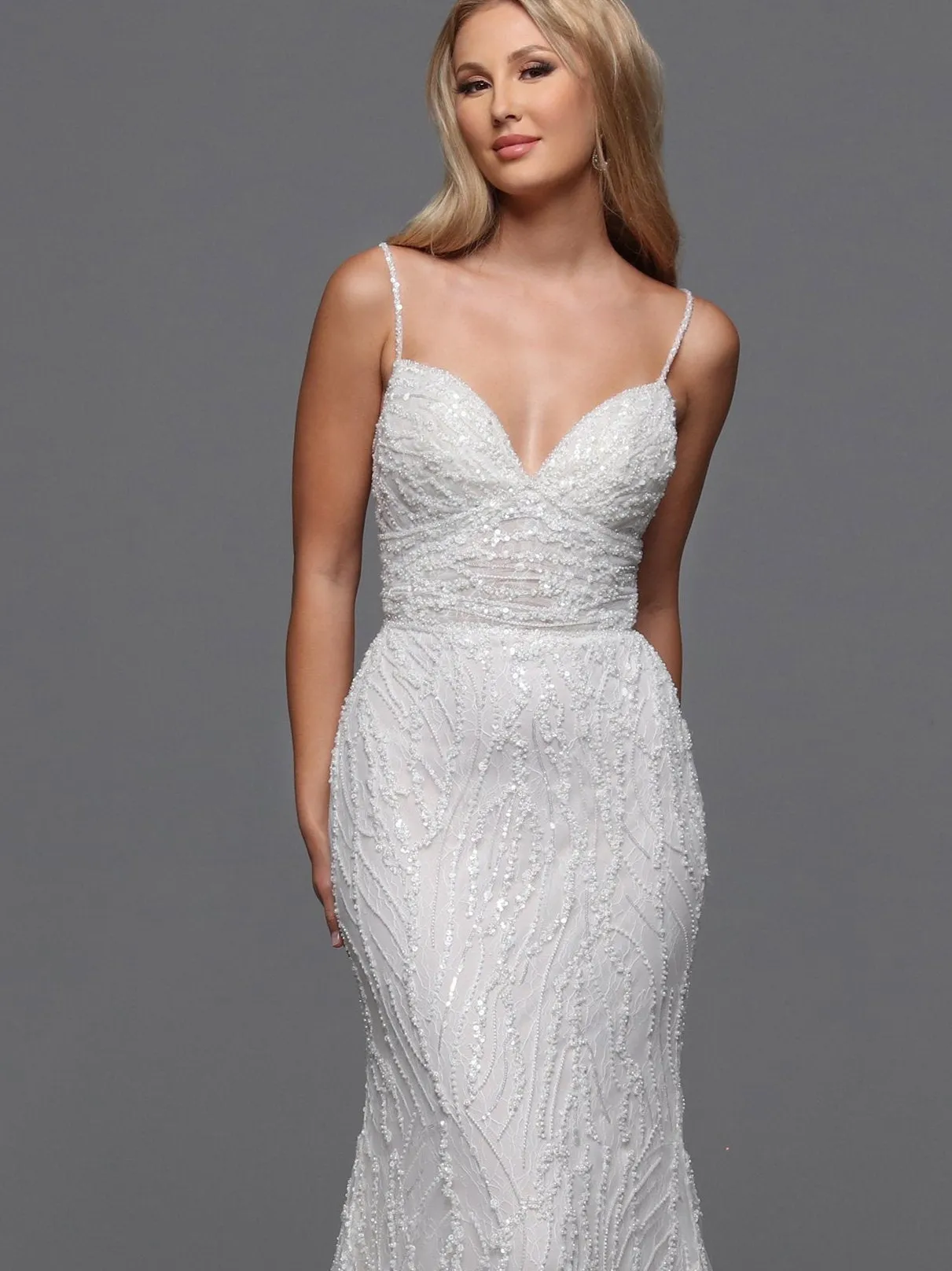 Davinci 50841 Sequin Beaded Lace Fitted Wedding Dress Train Bridal Gown v neck spaghetti straps