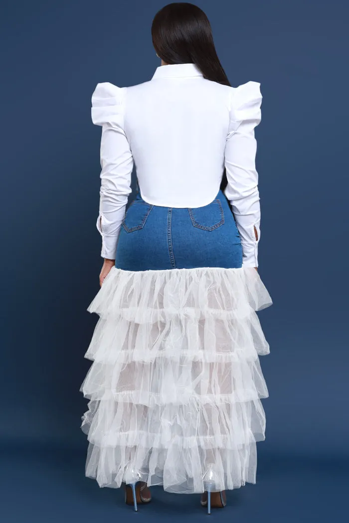 Deny Me This Ruffled Denim Maxi Skirt - Dark Wash/White