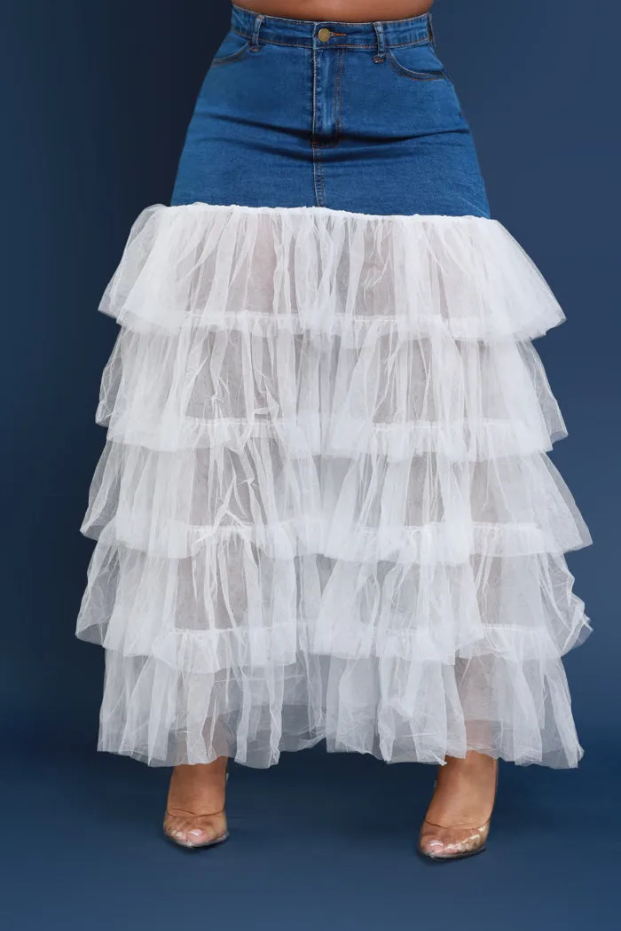 Deny Me This Ruffled Denim Maxi Skirt - Dark Wash/White