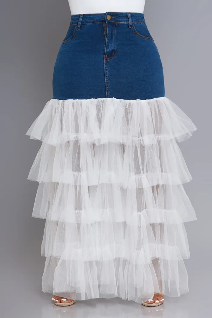 Deny Me This Ruffled Denim Maxi Skirt - Dark Wash/White