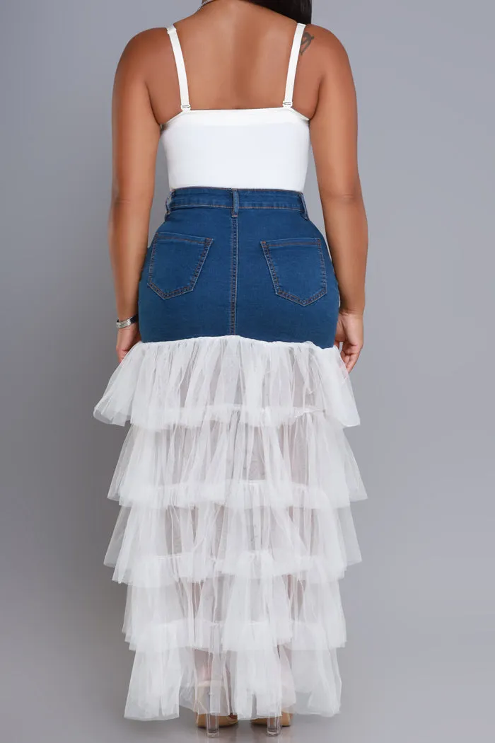 Deny Me This Ruffled Denim Maxi Skirt - Dark Wash/White