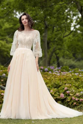 Designer Butterfly Lace Cinderella Garden Nude Wedding Gown