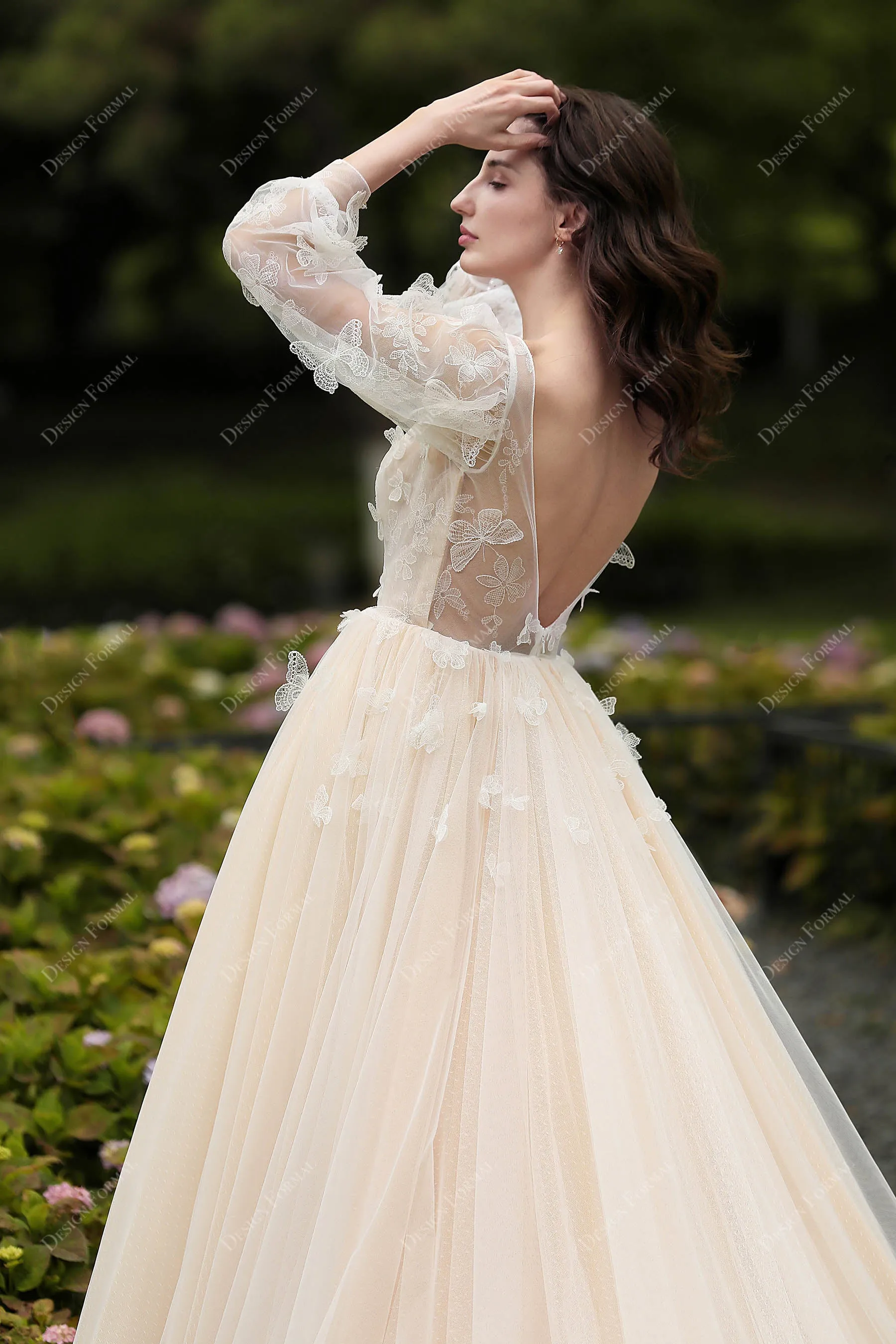 Designer Butterfly Lace Cinderella Garden Nude Wedding Gown