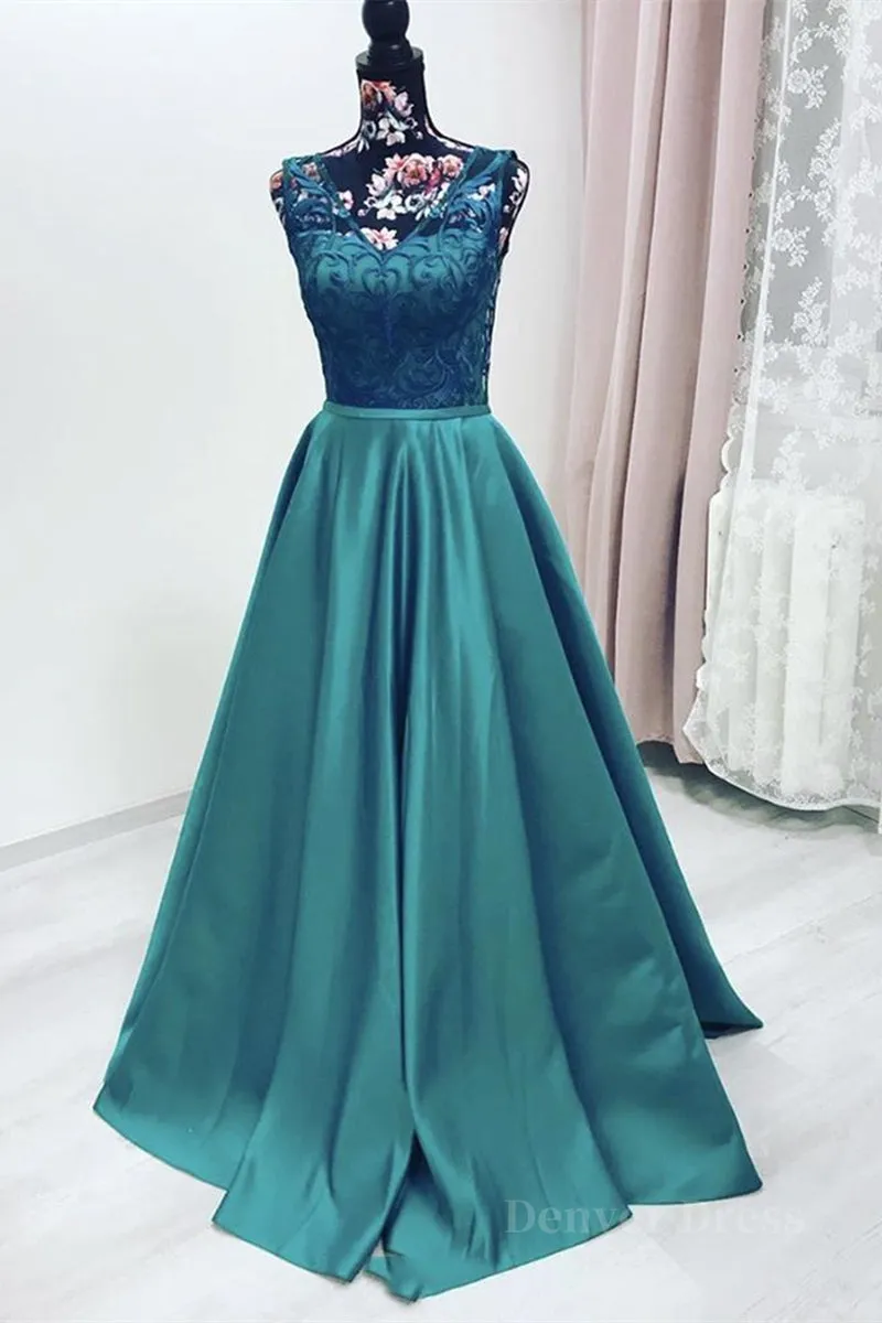 Elegant V Neck Green Lace Long Prom Dress Green Lace Formal Graduation Evening Dress