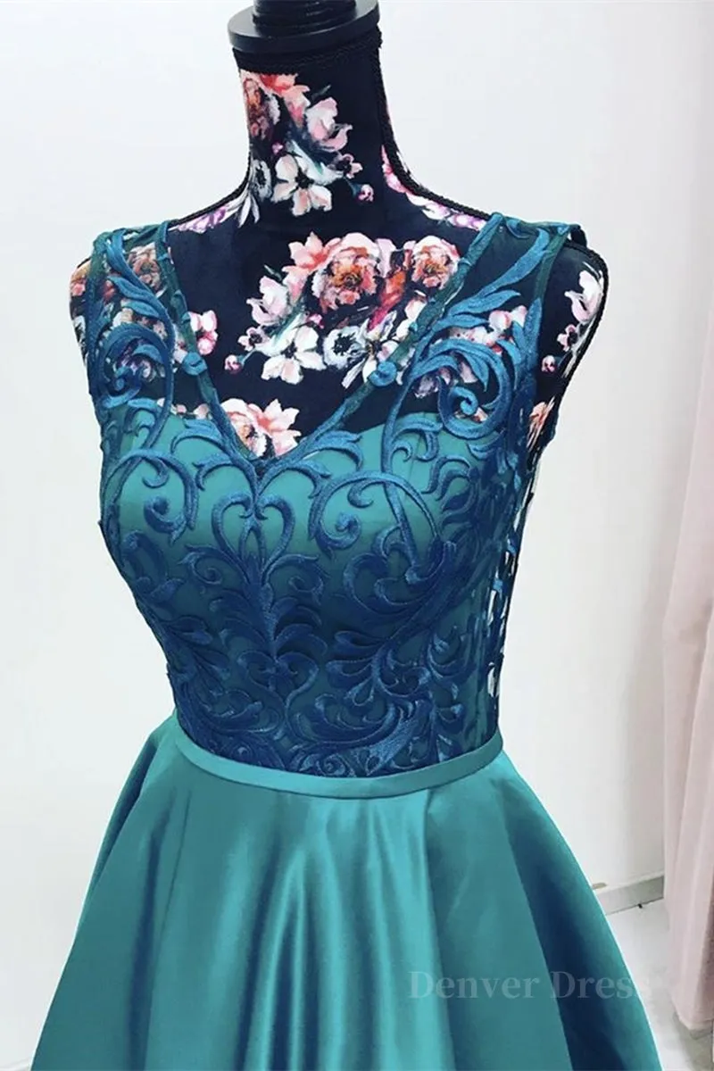 Elegant V Neck Green Lace Long Prom Dress Green Lace Formal Graduation Evening Dress