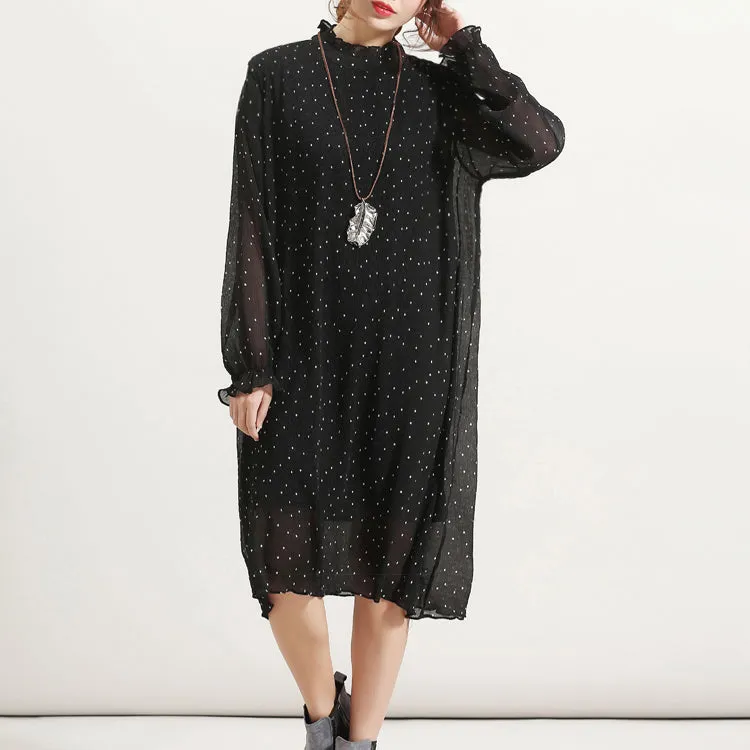 fine black chiffon sundress Stand long sleeve prom dress Cinched tulle dress