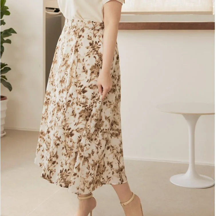 Floral Water Paint Print A-Line Long Midi Skirt