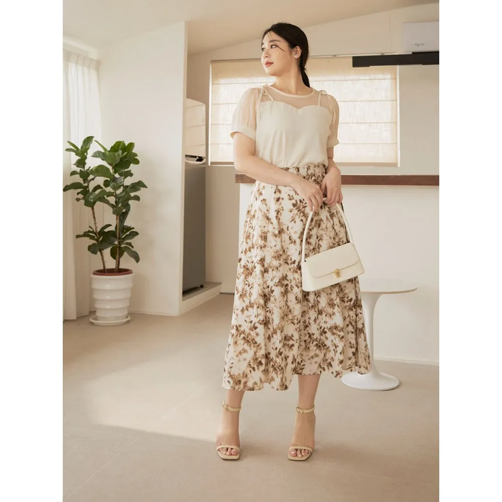 Floral Water Paint Print A-Line Long Midi Skirt