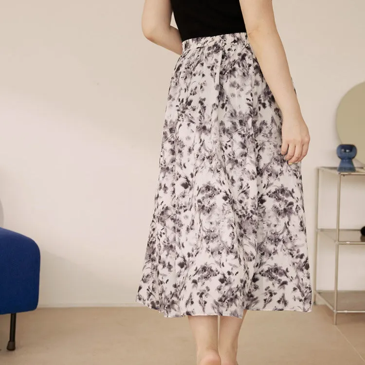 Floral Water Paint Print A-Line Long Midi Skirt