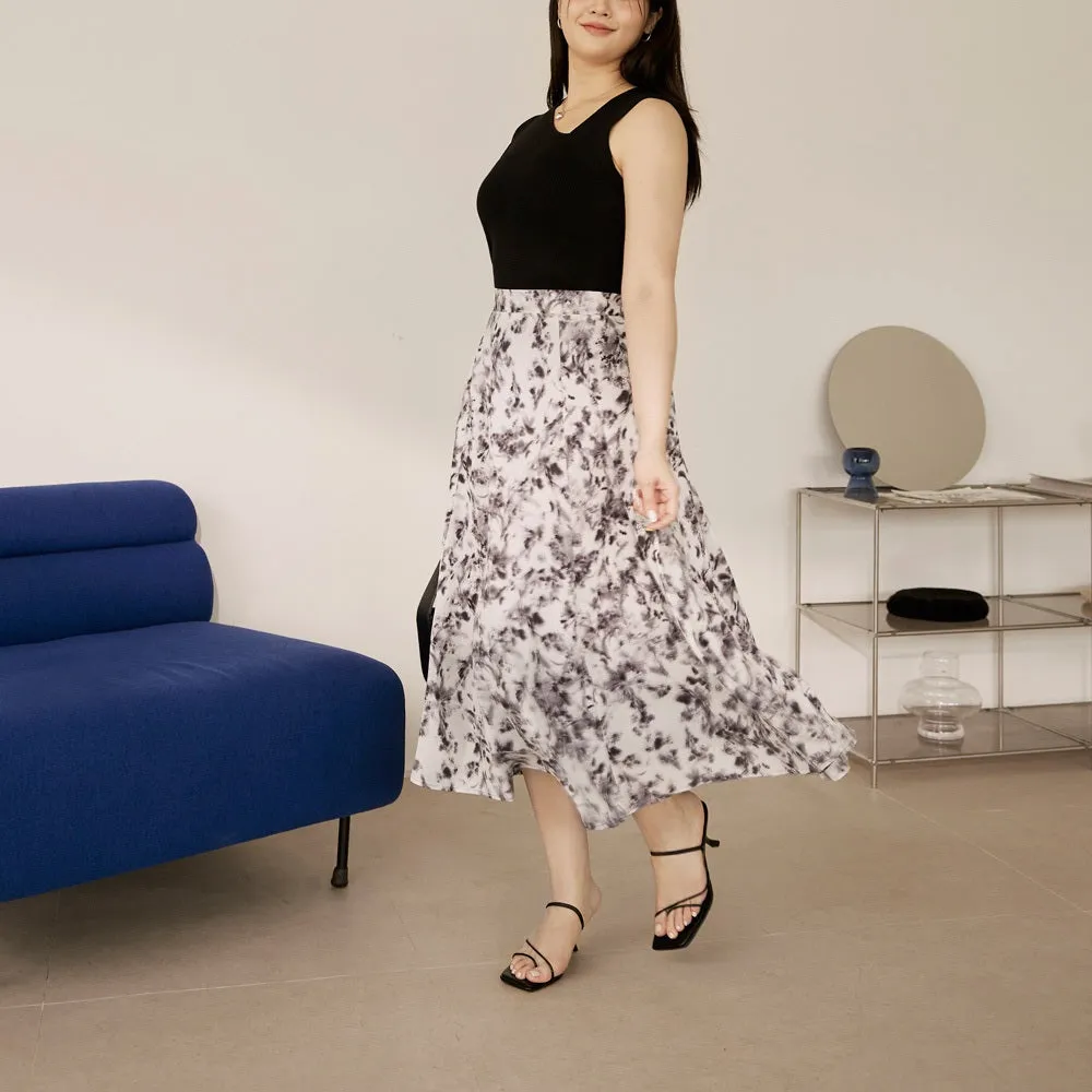 Floral Water Paint Print A-Line Long Midi Skirt