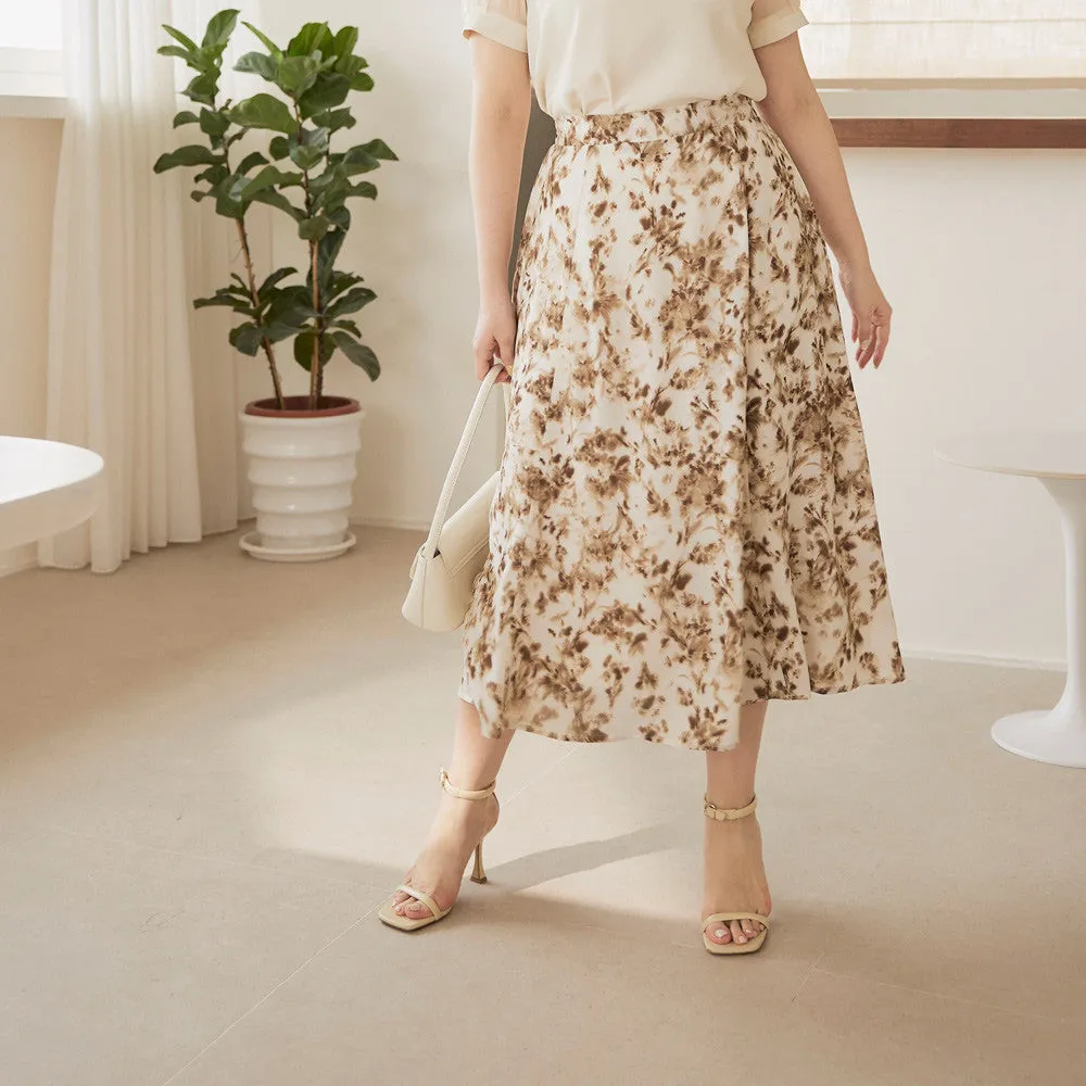 Floral Water Paint Print A-Line Long Midi Skirt