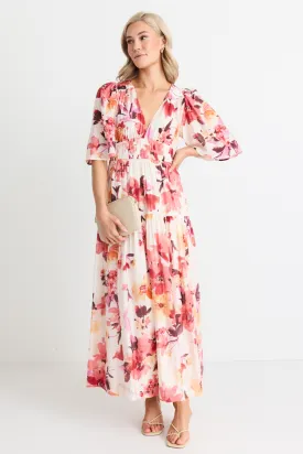 Fluent Vintage Blush Floral Flutter Sleeve Tiered Maxi Dress